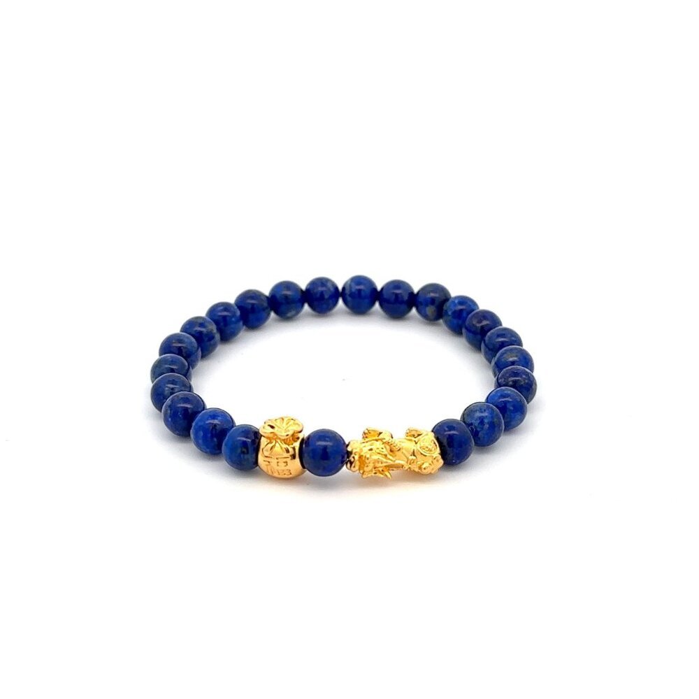 18k Gold Pixiu Piyao Money Bag Lucky Charm Bracelet Gemstones Lapis Lazuli 6mm 200$